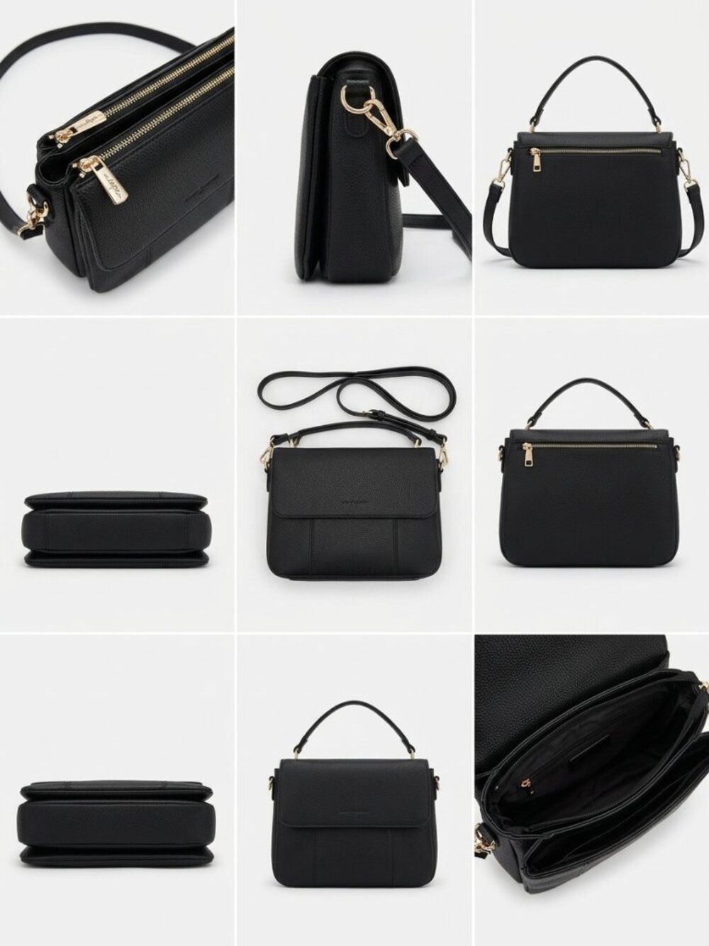 Black Crossbody Vegan Leather Shoulder Bag with Gold Accent